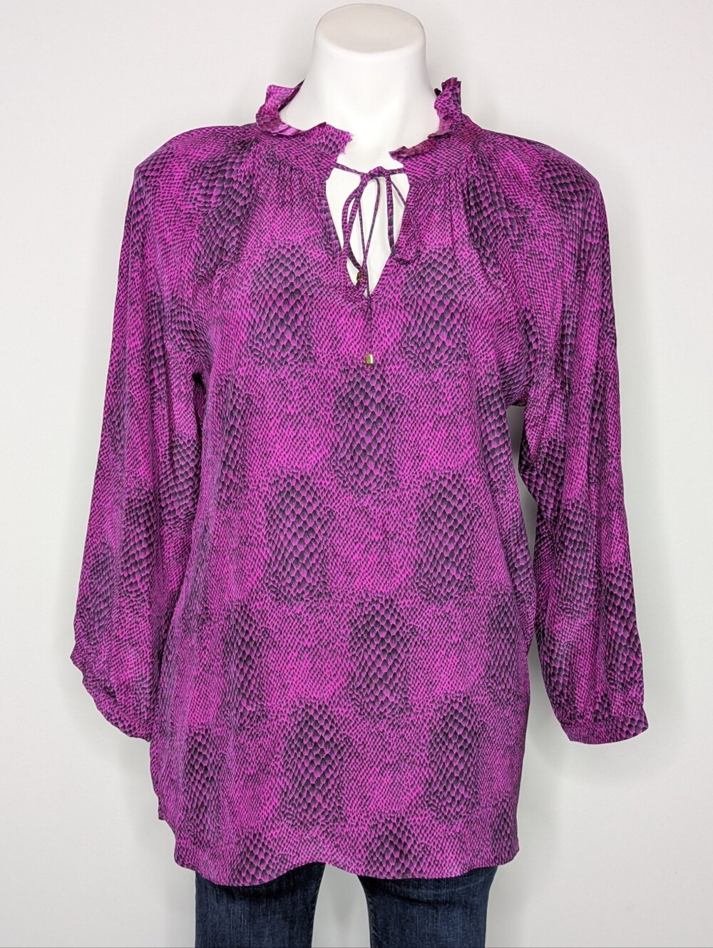 Britt Ryan Purple Black Snakeskin Print Tie Neck Long Sleeve Silk Blouse M